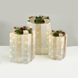 ACA Lighting bílá+stříbrná sada dárkové balíčky, šampaň zlatá 20+30+40 WW mini LED na baterie 3x3xAA IP20 30,36,41cm X11901116