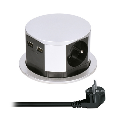 Solight výsuvný blok zásuvek, 3 zásuvky, 2x USB, kruhový tvar nízký,  prodlužovací přívod 2m, 3 x 1mm2, stříbrný PP100USB