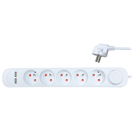 Solight prodlužovací přívod, 5 zásuvek, USB 2.4A, bílý, 3 x 1mm2, vypínač, 2m PP152USB