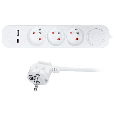 Solight prodlužovací přívod 3 zásuvky, USB A+C 20W PD, 2m, 3 x 1mm2, bílý, vypínač PP111PD20