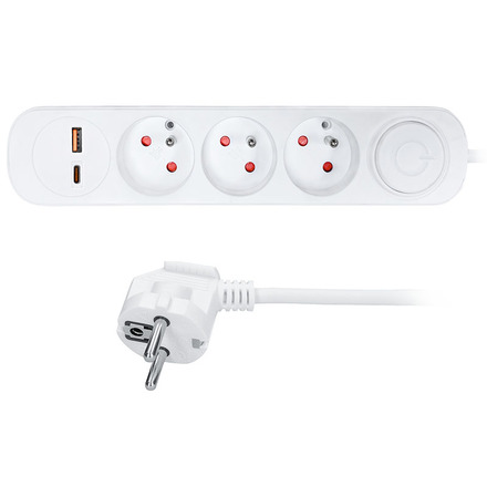 Solight prodlužovací přívod 3 zásuvky, USB A+C 20W PD, 5m, 3 x 1mm2, bílý, vypínač PP113PD20