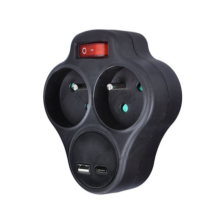 Solight rozbočka s USB A+C rychlonabíječkou 20W PD, 2 x 10A, černá, vypínač P99B-PD20