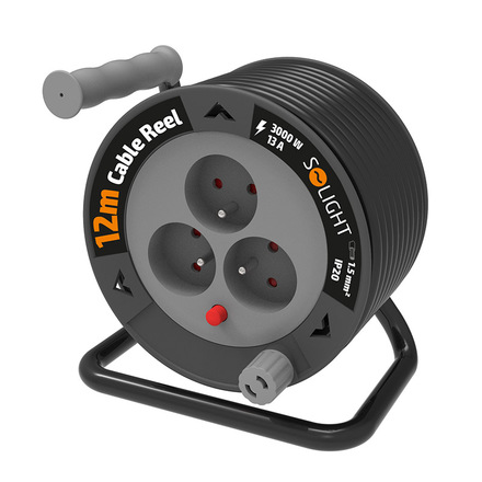 Solight prodlužovací přívod na bubnu 12m, 3 zásuvky, černý kabel, 3x 1,5mm2 PB24