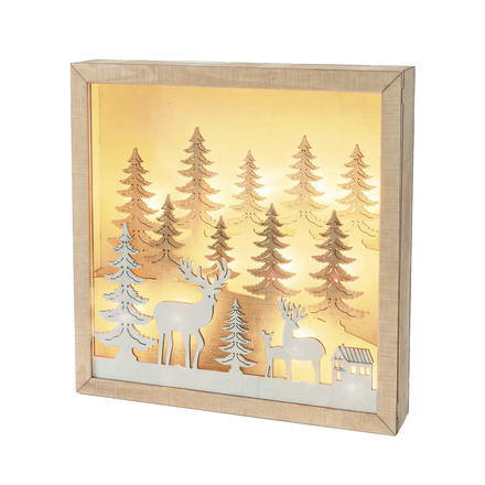 Solight LED 3D dřevěná vánoční dekorace v rámu, 12x LED, 25cm, 2x AA 1V306