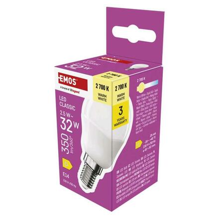EMOS LED žárovka Classic Mini Globe / E14 / 2,5 W (32 W) / 350 lm / teplá bílá ZQ1D11