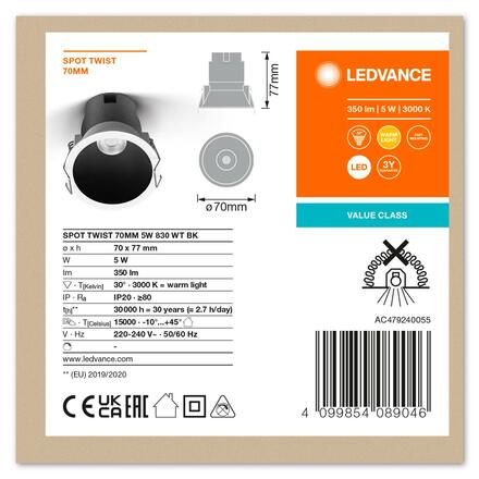 LEDVANCE zapuštěné svítidlo Spot Twist 70mm 5W 3000K bílá/černá 4099854089046