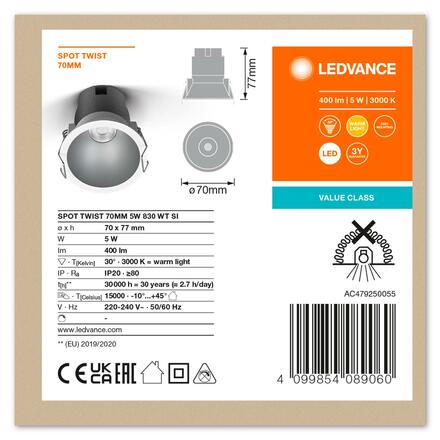 LEDVANCE zapuštěné svítidlo Spot Twist 70mm 5W 3000K bílá/stříbrná 4099854089060