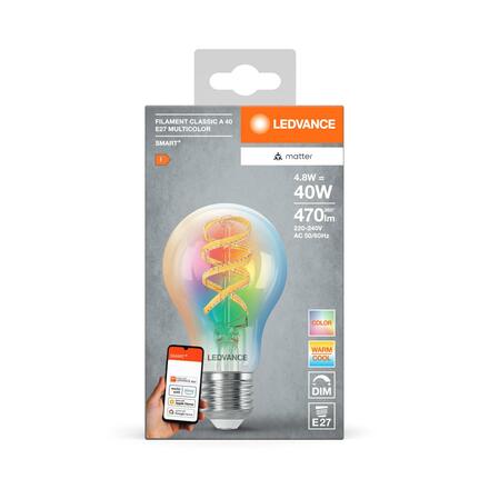 LEDVANCE SMART+ MATTER RGB Filament Classic A40 4.8W 827-865 Multicolor E27 4099854194986