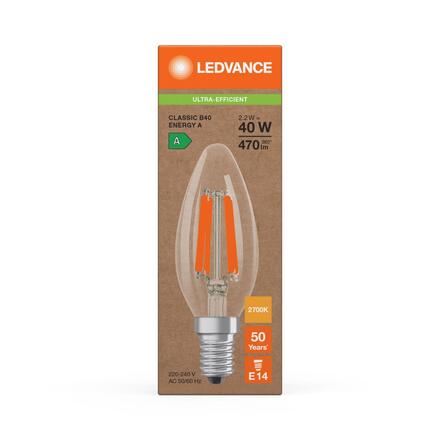 LEDVANCE LED Classic B 40 Filament třída A S 2.2W 827 čirá E14 4099854255267