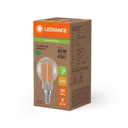 LEDVANCE LED Classic P 40 Filament třída A S 2.2W 827 čirá E14 4099854255373