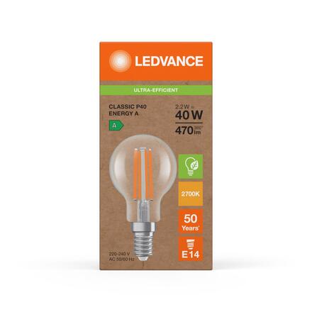 LEDVANCE LED Classic P 40 Filament třída A S 2.2W 827 čirá E14 4099854255373