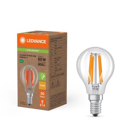 LEDVANCE LED Classic P 60 Filament třída A S 3.8W 827 čirá E14 4099854255397