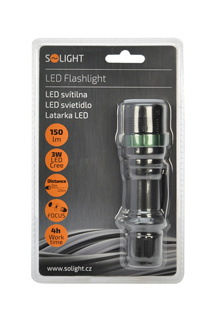 Solight LED kovová svítilna, 150lm, 3W CREE LED, černá, fokus, 3 x AAA WL09