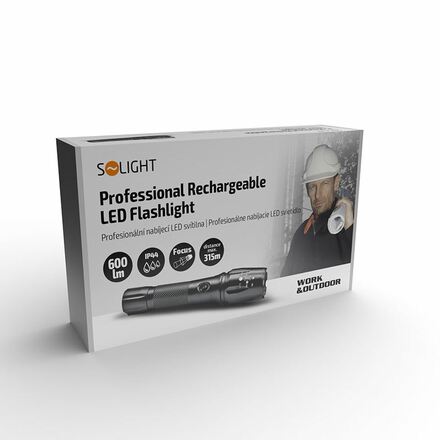 Solight LED nabíjecí profesionální svítilna, 600lm, T6 XML Cree LED, zoom, Li-Ion WN13
