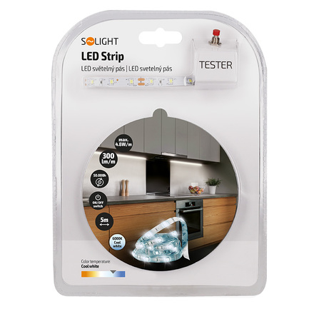 Solight LED světelný pás s testrem, 5m,  sada s 12V adaptérem, 4,8W/m, IP20, studená bílá WM50-20T