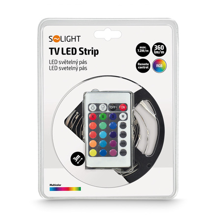 Solight LED světelný pás, RGB, 3m, sada s 12V adaptérem a dálk. ovladačem, 7,2W/m, IP20 WM55
