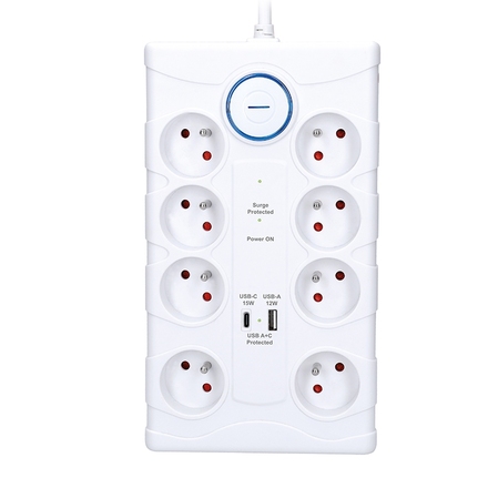 Solight přepěťová ochrana, 8z, USB A+C, 2m, bílá PO80