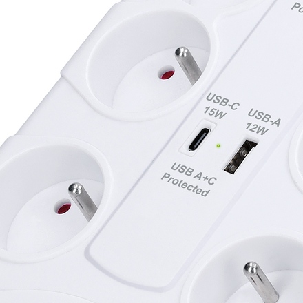 Solight přepěťová ochrana, 8z, USB A+C, 2m, bílá PO80