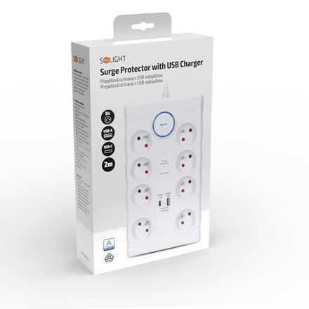 Solight přepěťová ochrana, 8z, USB A+C, 2m, bílá PO80
