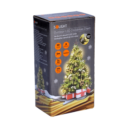 Solight LED venkovní vánoční řetěz, 50LED, 5m, 8 funkcí, IP44, 3x AA, teplá bílá 1V53-WW