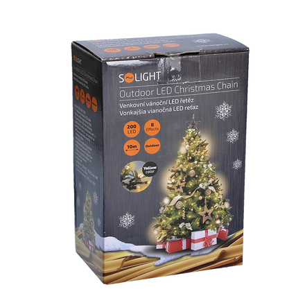 Solight LED venkovní vánoční řetěz, 200 LED, 10m, přívod 5m, 8 funkcí, IP44, teplá bílá 1V06-WW