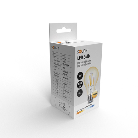 Solight LED žárovka retro, klasický tvar, 8W, E27, 3000K, 360°, 810lm WZ501A-1