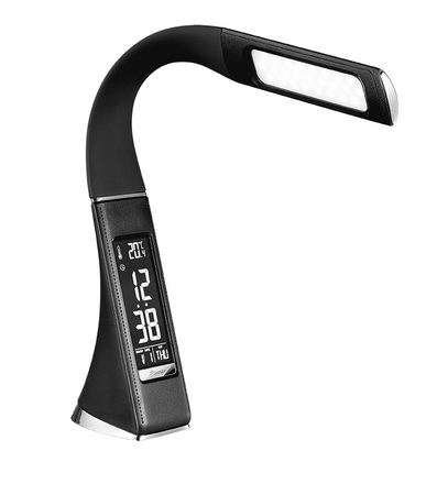 Solight LED stolní lampička s displayem, 6W, 4100K, kůže, černá WO46-B