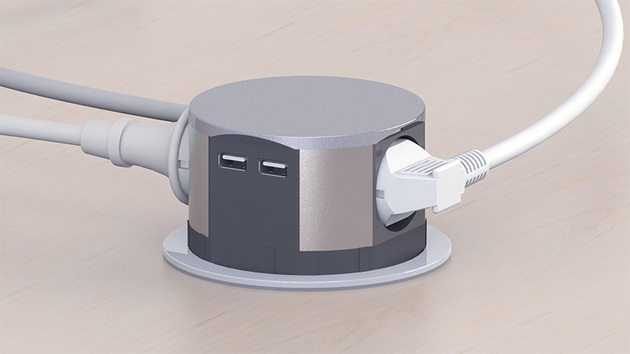 Solight výsuvný blok zásuvek, 3 zásuvky, 2x USB, kruhový tvar nízký,  prodlužovací přívod 2m, 3 x 1mm2, stříbrný PP100USB