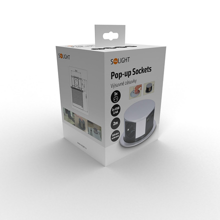 Solight výsuvný blok zásuvek, 3 zásuvky, 2x USB, kruhový tvar nízký,  prodlužovací přívod 2m, 3 x 1mm2, stříbrný PP100USB