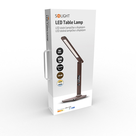 Solight LED stolní lampička s displayem, 9W, volba teploty světla, kůže, hnědá WO45-H