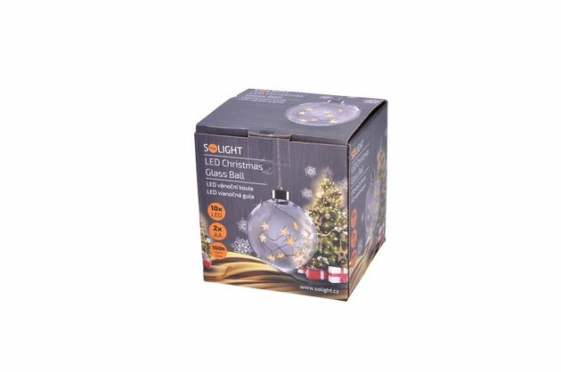 Solight LED vánoční koule skleněná, 10LED, 2x AA, IP20 1V204