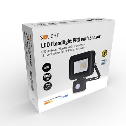 Solight LED reflektor PRO se senzorem, 20W, 1840lm, 5000K, IP44 WM-20WS-L