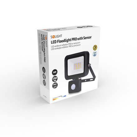 Solight LED reflektor PRO se senzorem, 30W, 2760lm, 5000K, IP44 WM-30WS-L