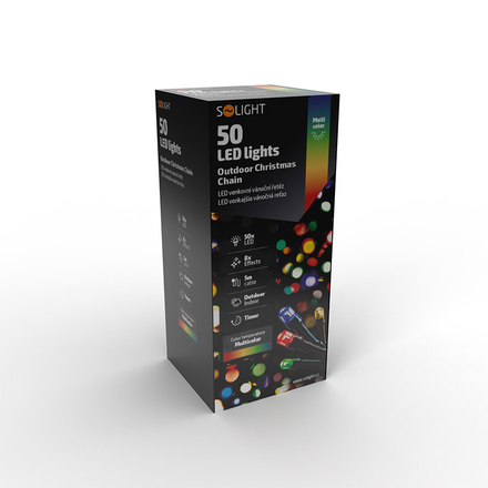 Solight LED venkovní vánoční řetěz, 50 LED, 5m, přívod 3m, 8 funkcí, časovač, IP44, vícebarevný 1V110-M