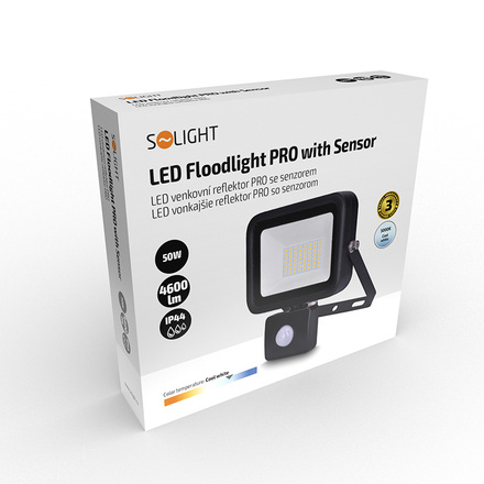 Solight LED reflektor PRO se senzorem, 50W, 4600lm, 5000K, IP44 WM-50WS-L