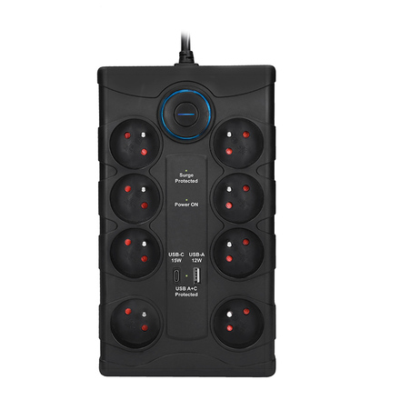 Solight přepěťová ochrana, 8z, USB A+CA, 2m, černá PO80B