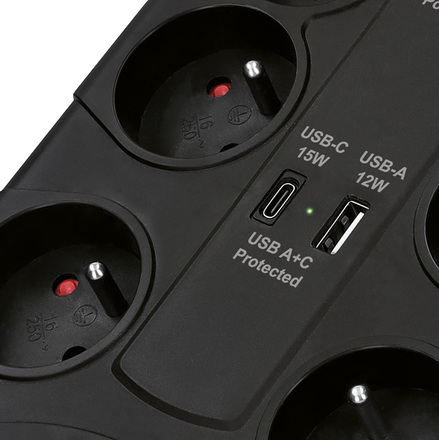 Solight přepěťová ochrana, 8z, USB A+CA, 2m, černá PO80B