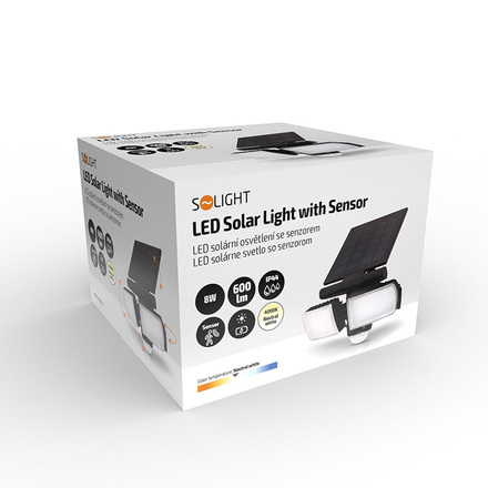 Solight LED solární osvětlení se senzorem, 8W, 600lm, Li-on, černá WO772