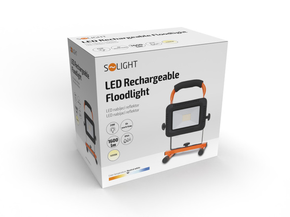 Solight LED reflektor 20W, přenosný, nabíjecí, 1600lm, oranžovo-černý WM-20W-DE