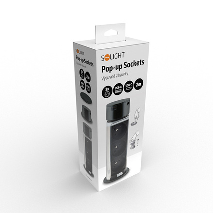 Solight 3z + USB A+C výsuvný blok zásuvek, 2m, černý PP125USBC-B