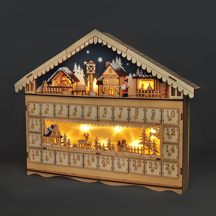 Solight LED adventní kalendář - horská chata, 10x LED, 50x40cm, 2x AA 1V258