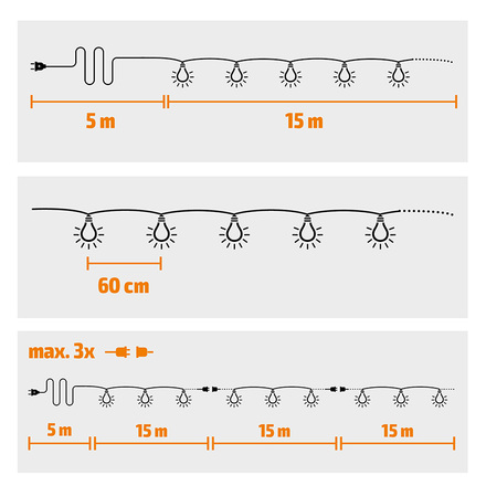 Solight LED venkovní řetěz s žárovkami, 25 žárovek, 15m+5m, 20W, teplá bílá WO794