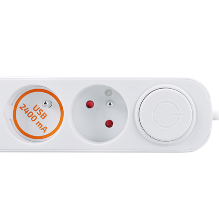 Solight prodlužovací přívod 3 zásuvky, s USB A+C nabíječka 12W, 2m, 3 x 1mm2, bílý, vypínač PP111USBC