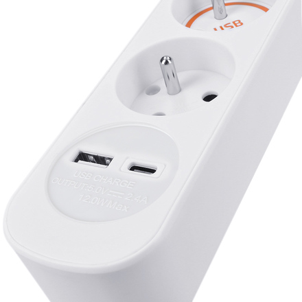 Solight prodlužovací přívod 3 zásuvky, s USB A+C nabíječka 12W, 2m, 3 x 1mm2, bílý, vypínač PP111USBC
