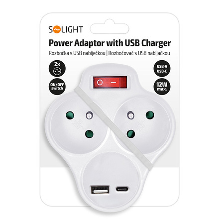 Solight rozbočka s USB A+C nabíječkou, 2 x 10A, bílá, vypínač P99USBC