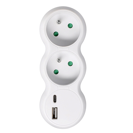 Solight rozbočka s USB A+C nabíječkou, 2 x 10A, bílá P100USBC