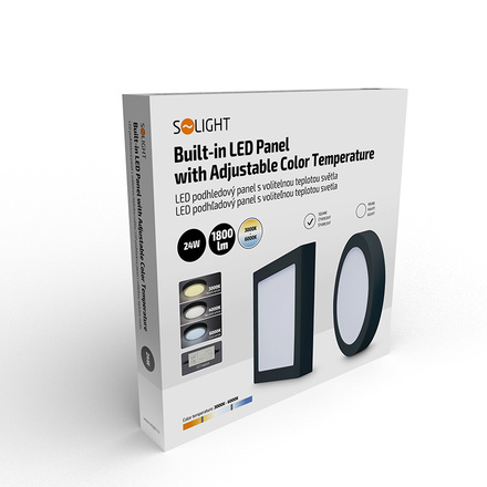 Solight LED mini panel CCT, přisazený, 24W, 1800lm, 3000K, 4000K, 6000K, čtvercový, černá barva WD175-B