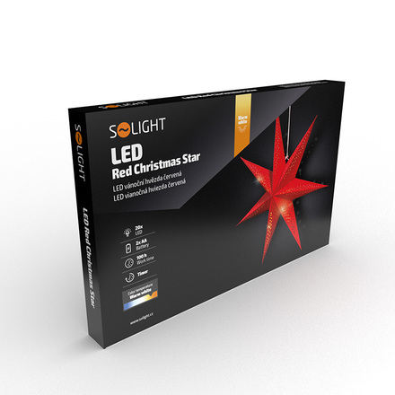 Solight LED vánoční hvězda červená, závěsná, 60cm, 20x LED, 2x AA 1V263