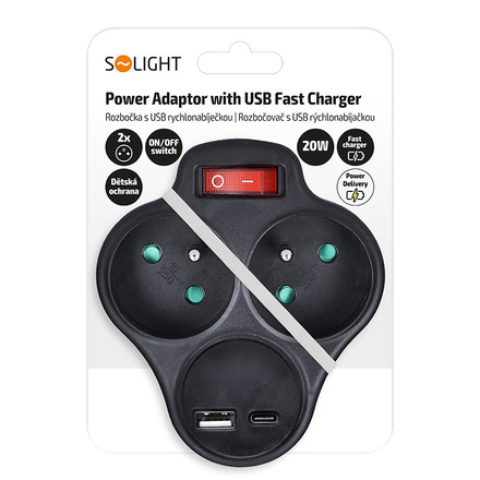 Solight rozbočka s USB A+C rychlonabíječkou 20W PD, 2 x 10A, černá, vypínač P99B-PD20