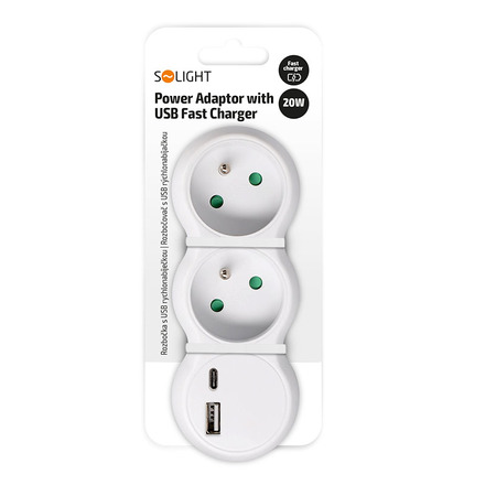 Solight rozbočka s USB A+C rychlonabíječkou 20W PD, 2 x 10A, bílá P100-PD20